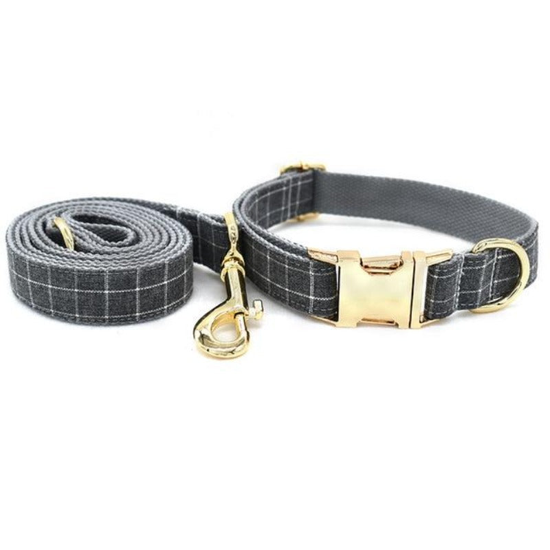 Classic Gray Check Dog Collar & Leash Set with Bow Tie – Personalized Laser-Engraved (XS–XL)