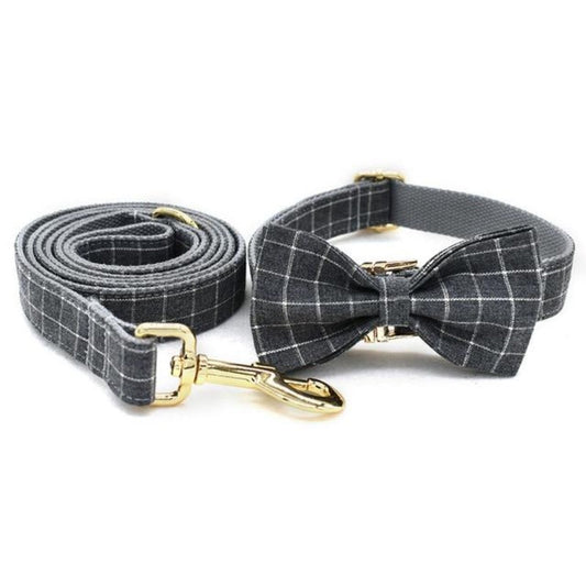 Classic Gray Check Dog Collar & Leash Set with Bow Tie – Personalized Laser-Engraved (XS–XL)