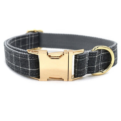 Classic Gray Check Dog Collar & Leash Set with Bow Tie – Personalized Laser-Engraved (XS–XL)