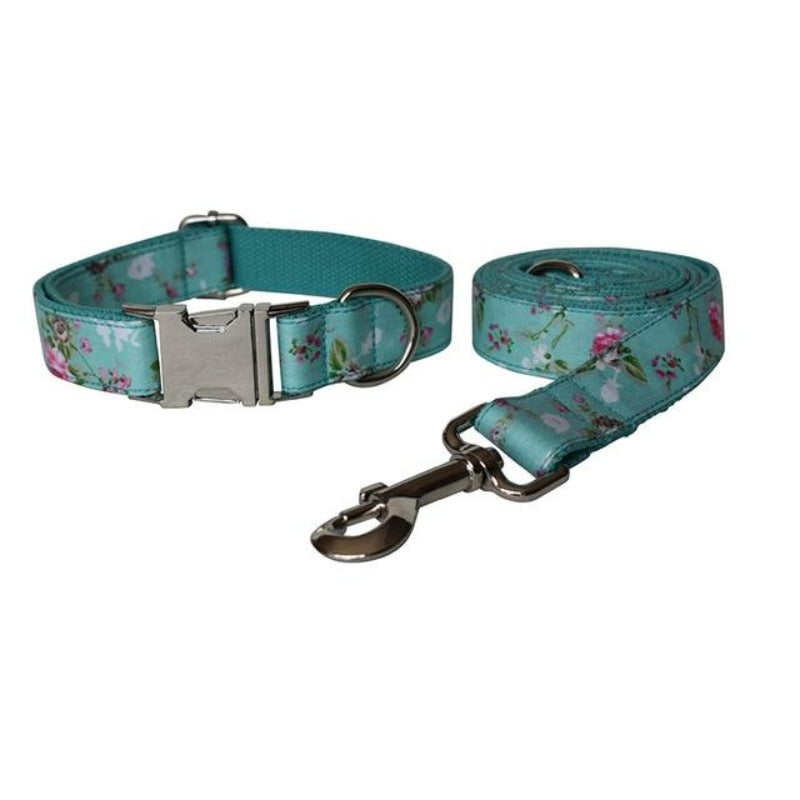 Floral Roses Bow Tie Dog Collar & Leash Set – Personalized Engraved Eggshell Blue Floral Collar with Removable Bow Tie for Small, Medium & Large Dogs | Posh Dog Life