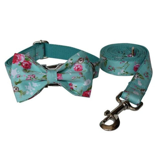 Floral Roses Bow Tie Dog Collar & Leash Set – Personalized Engraved Eggshell Blue Floral Collar with Removable Bow Tie for Small, Medium & Large Dogs | Posh Dog Life