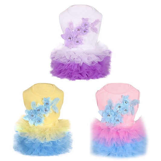 Floral Bubble Tutu Dog Party Dress – Elegant Floral Applique Tulle Dress for Small & Medium Dogs (XS–XL, Pink/White/Yellow)