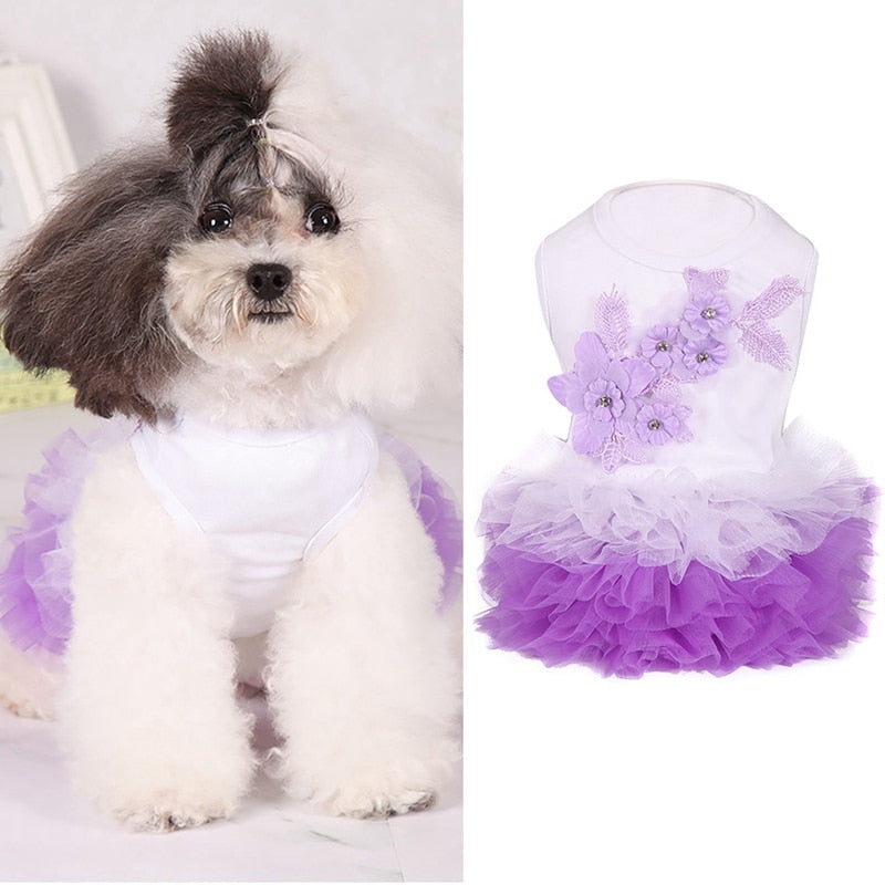 Floral Bubble Tutu Dog Party Dress – Elegant Floral Applique Tulle Dress for Small & Medium Dogs (XS–XL, Pink/White/Yellow)