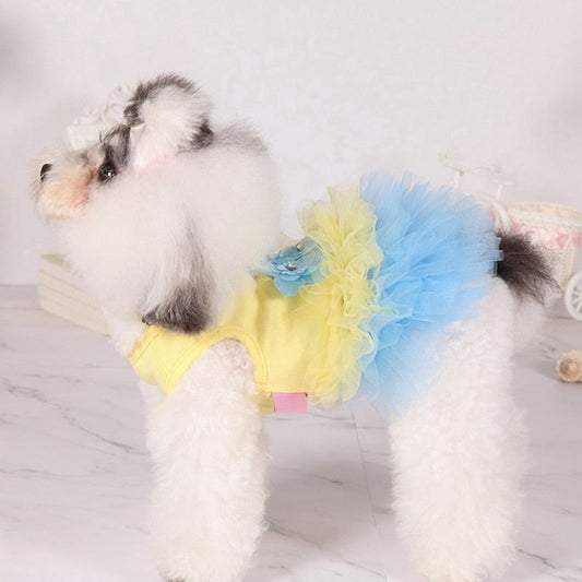 Floral Bubble Tutu Dog Party Dress – Elegant Floral Applique Tulle Dress for Small & Medium Dogs (XS–XL, Pink/White/Yellow)