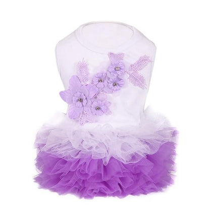 Floral Bubble Tutu Dog Party Dress – Elegant Floral Applique Tulle Dress for Small & Medium Dogs (XS–XL, Pink/White/Yellow)