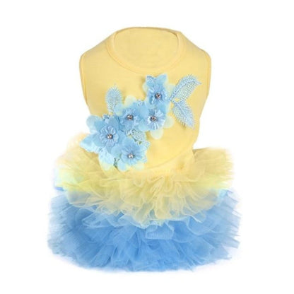 Floral Bubble Tutu Dog Party Dress – Elegant Floral Applique Tulle Dress for Small & Medium Dogs (XS–XL, Pink/White/Yellow)