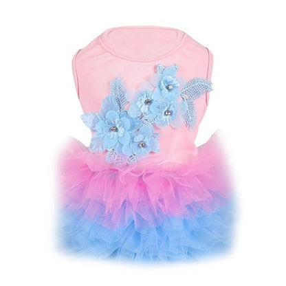 Floral Bubble Tutu Dog Party Dress – Elegant Floral Applique Tulle Dress for Small & Medium Dogs (XS–XL, Pink/White/Yellow)