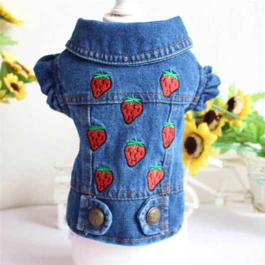 Sweet Strawberry Denim Jacket – Embroidered Ruffle Jean Vest for Small Dogs (XS–2XL)