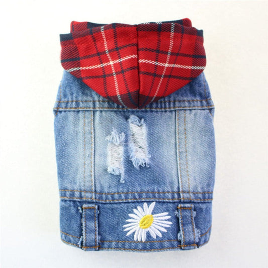 Red Plaid Hoodie Denim Dog Jacket – Embroidered Daisy Jean Vest for Small Dogs (XS–2XL)