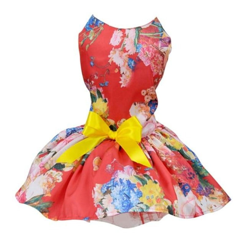 Red Floral Dog Party Dress | Elegant Satin Dress with Yellow Bow for Small Dogs