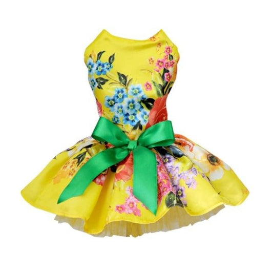Yellow Floral Dog Party Dress – Elegant Satin Dog Dress with Green Bow & Tulle Skirt for Small Breeds | Posh Dog Life