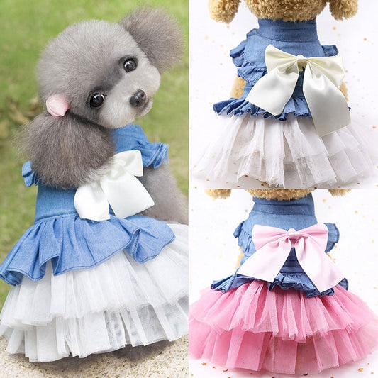 Chic Denim Tulle Tutu Dog Dress – Ruffled Jean Bow Dress for Small Dogs | Posh Dog Life