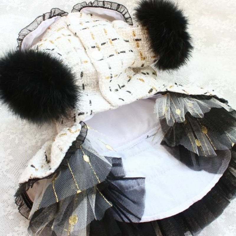 Designer Chanel-Inspired Tweed Dog Dress Coat – Handmade Luxury Dog Coat with Fur Trim, Lace & Tulle Skirt (S–2XL, Custom Sizes Available)