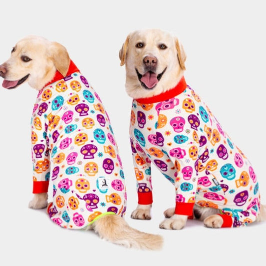 Day of the Dead Onesie Large Dog PJs – Colorful Skull Print Cotton Pajamas for Medium & Large Dogs (Sizes 26–38)
