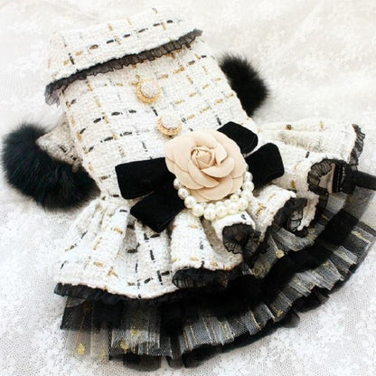 Designer Chanel-Inspired Tweed Dog Dress Coat – Handmade Luxury Dog Coat with Fur Trim, Lace & Tulle Skirt (S–2XL, Custom Sizes Available)