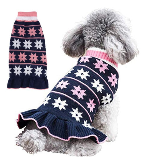 Star Turtleneck Sweater Dog Dress – Cozy Winter Knit Dress for Small & Medium Dogs (XS–L, Navy or Gray)