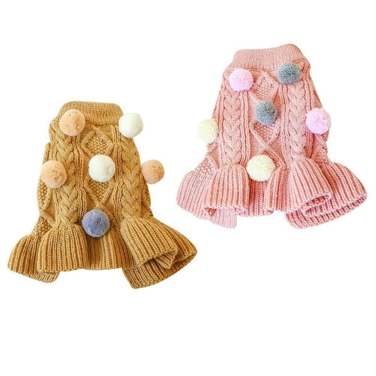 Pom Pom Sweater Dog Dress – Cozy Winter Knit Dress for Small & Medium Dogs (XS–XL, Pink or Tan)