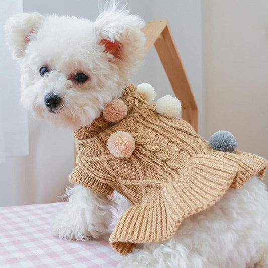 Pom Pom Sweater Dog Dress – Cozy Winter Knit Dress for Small & Medium Dogs (XS–XL, Pink or Tan)