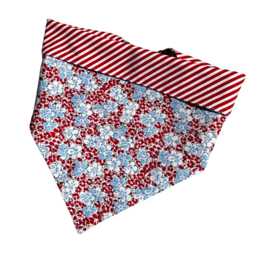 Red & Light Blue Flowers Bandana Dog Collar – Handmade in USA by Chloe & Max, 100% Cotton Collar with Red-White-Blue Floral Pattern & Striped Trim, Snap-On Buckle Design (XS–XL)