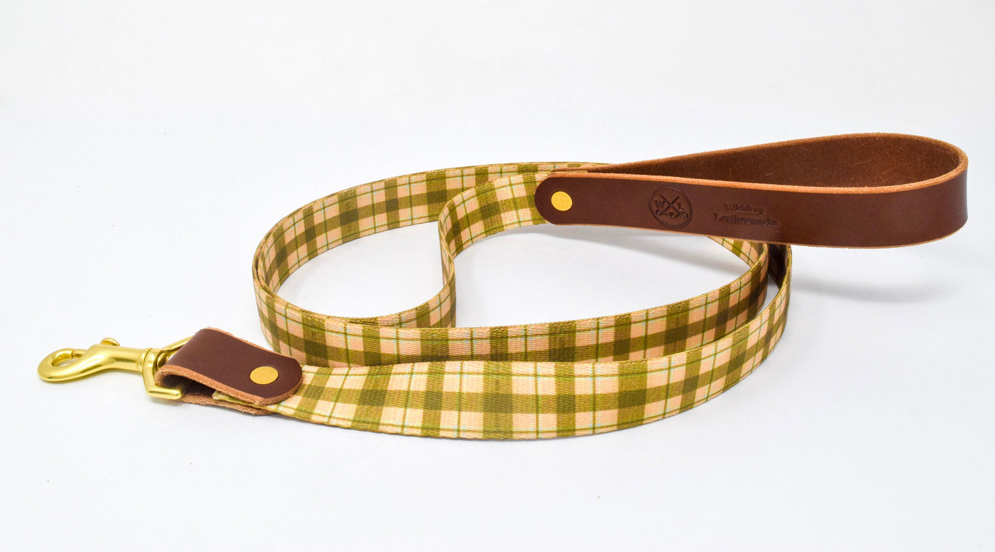 Whiskey Tartan Dog Leash – Handcrafted Leather & Brass (Fixed or Adjustable)