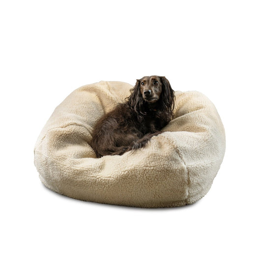Sherpa Puff Ball Pet Bed | Ultra-Soft Recycled Fiber Pouf with Removable Washable Cover (3 Sizes)