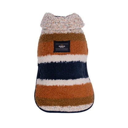 Shinola Brand Stripe Berber Dog Coat – Oatmeal | Warm Adjustable Shearling Dog Jacket with Leash Slot