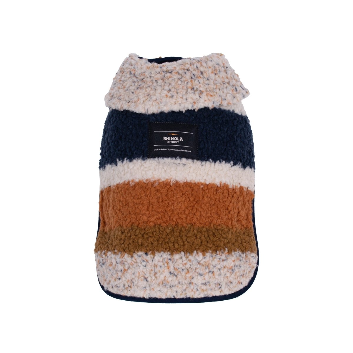 Shinola Brand Stripe Berber Dog Coat – Oatmeal | Warm Adjustable Shearling Dog Jacket with Leash Slot