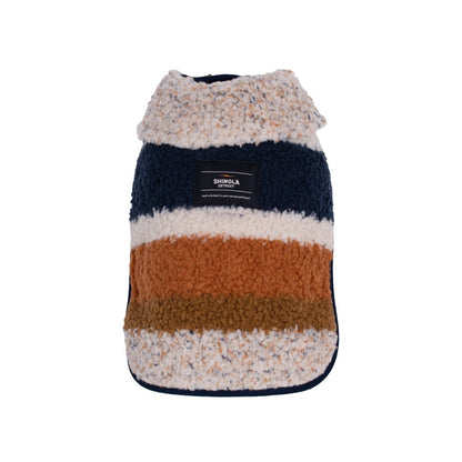 Shinola Brand Stripe Berber Dog Coat – Oatmeal | Warm Adjustable Shearling Dog Jacket with Leash Slot