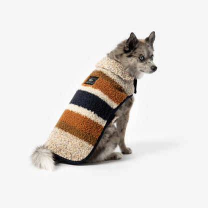 Shinola Brand Stripe Berber Dog Coat – Oatmeal | Warm Adjustable Shearling Dog Jacket with Leash Slot