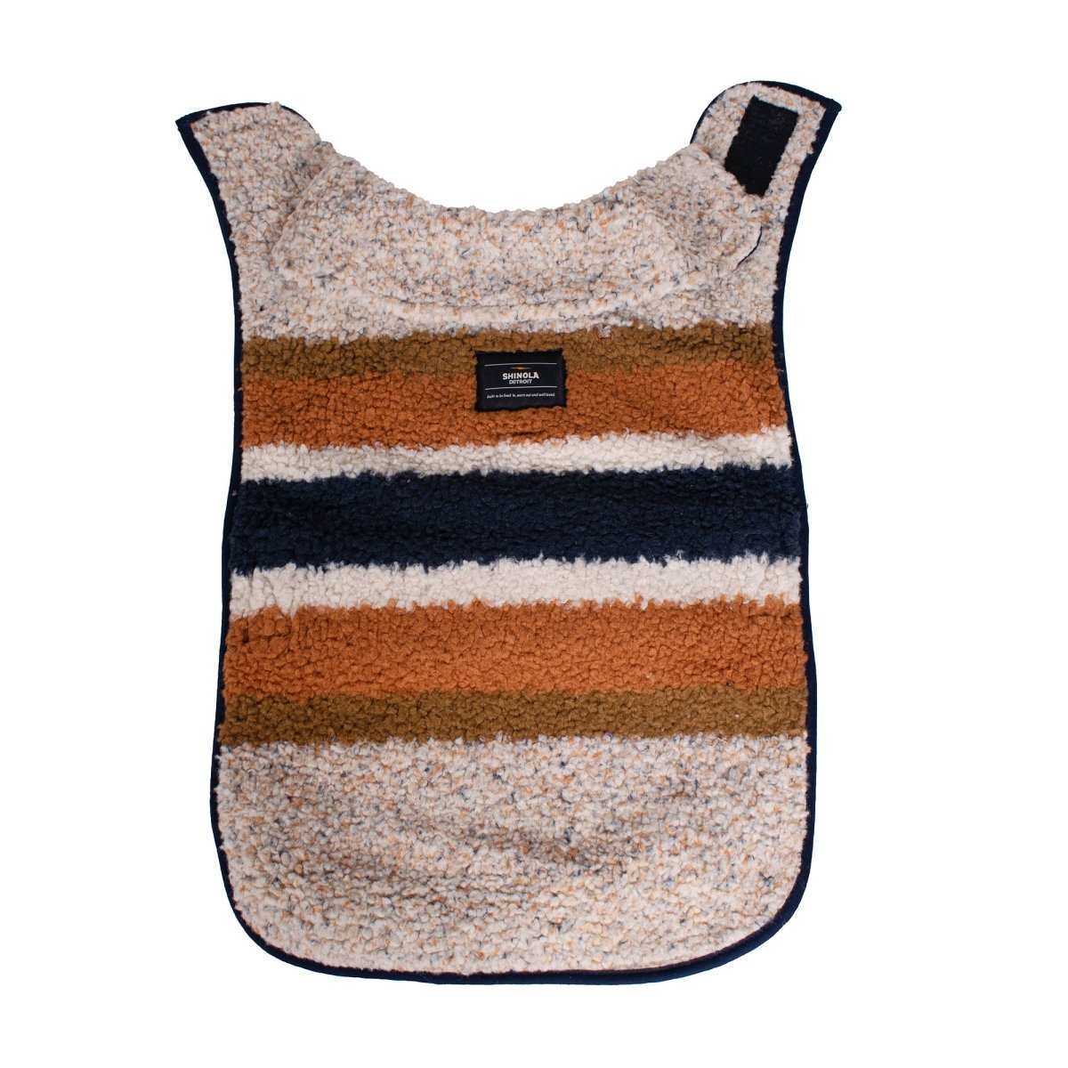 Shinola Brand Stripe Berber Dog Coat – Oatmeal | Warm Adjustable Shearling Dog Jacket with Leash Slot