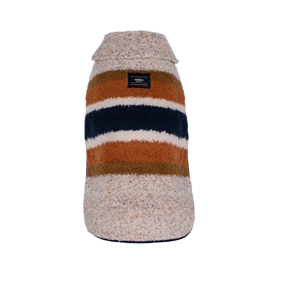 Shinola Brand Stripe Berber Dog Coat – Oatmeal | Warm Adjustable Shearling Dog Jacket with Leash Slot