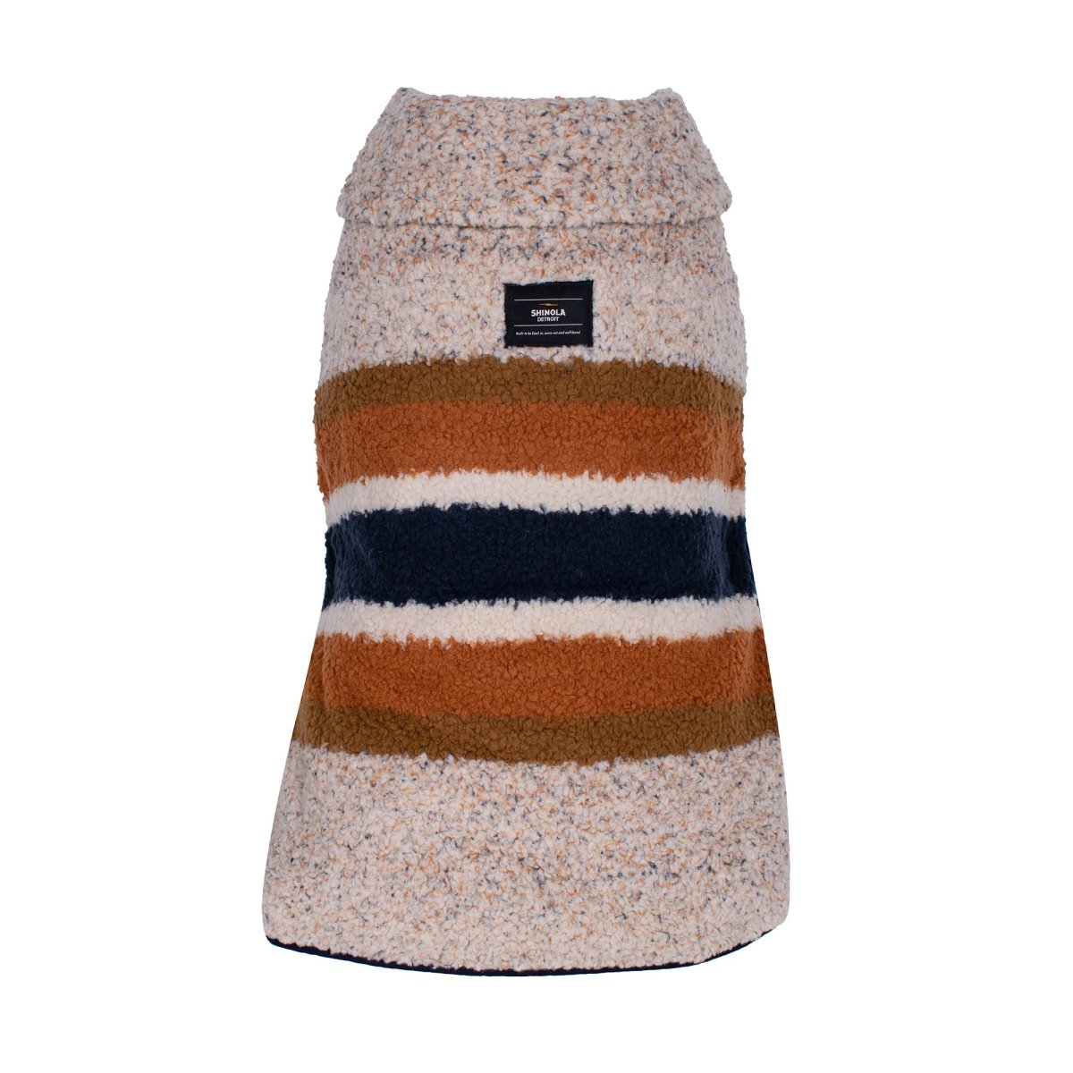 Shinola Brand Stripe Berber Dog Coat – Oatmeal | Warm Adjustable Shearling Dog Jacket with Leash Slot