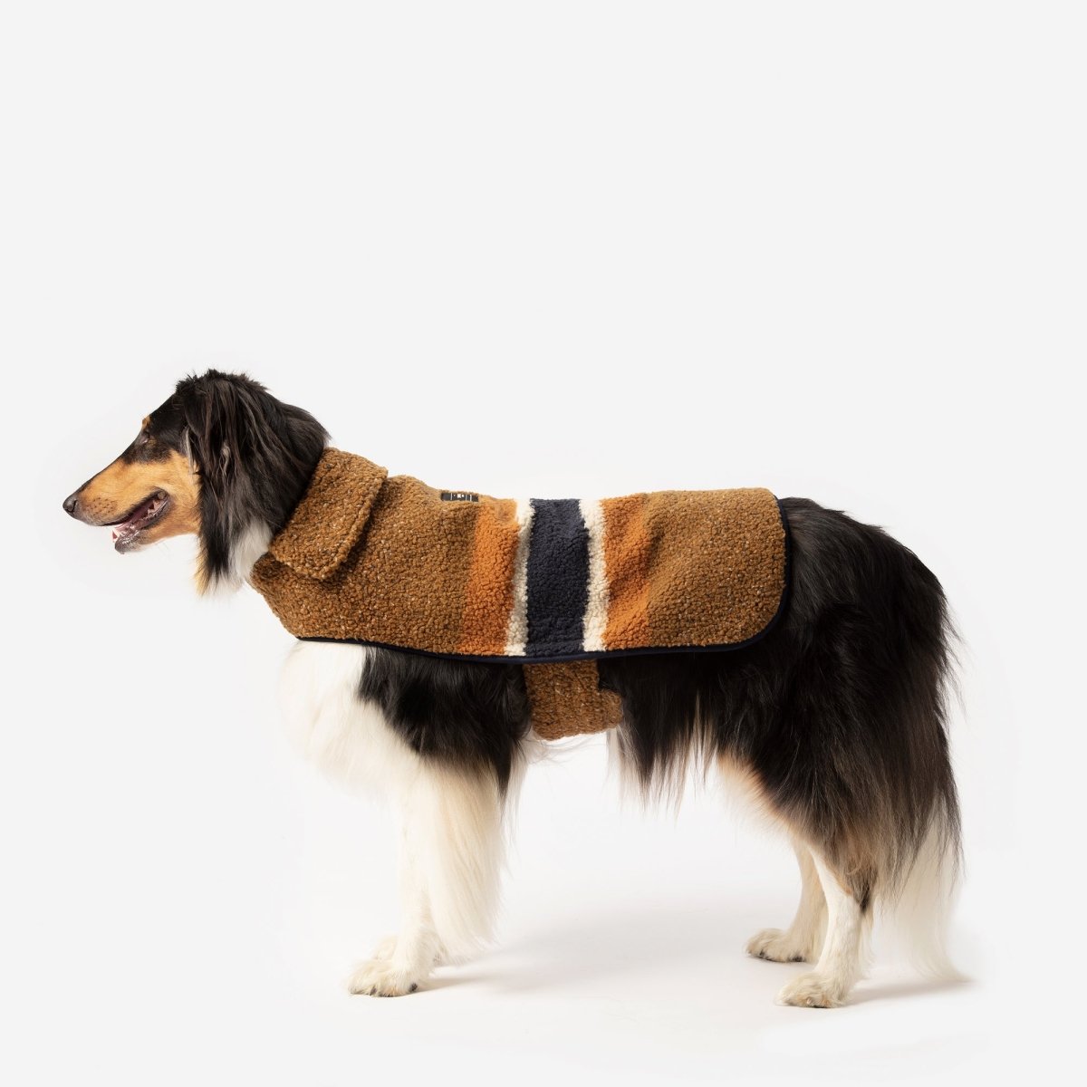 Shinola Brand Stripe Berber Dog Coat – Rust | Warm Shearling Dog Jacket with Adjustable Belt & Harness Slit (XS–2XL)