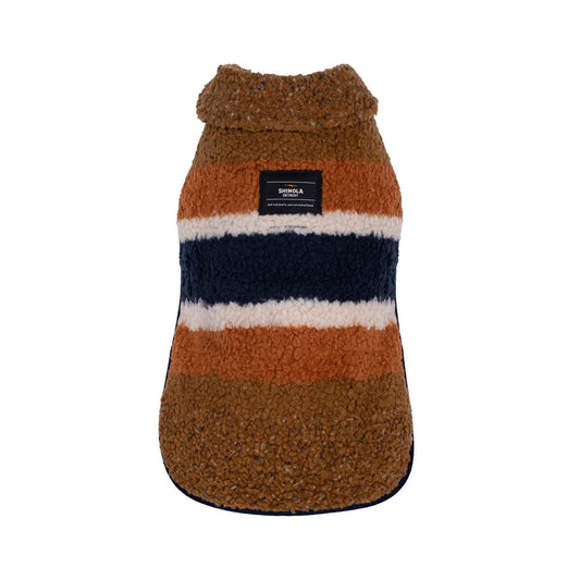 Shinola Brand Stripe Berber Dog Coat – Rust | Warm Shearling Dog Jacket with Adjustable Belt & Harness Slit (XS–2XL)