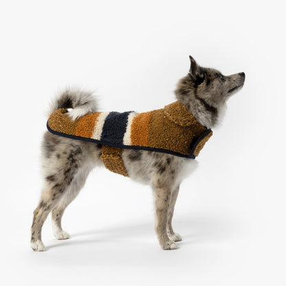 Shinola Brand Stripe Berber Dog Coat – Rust | Warm Shearling Dog Jacket with Adjustable Belt & Harness Slit (XS–2XL)