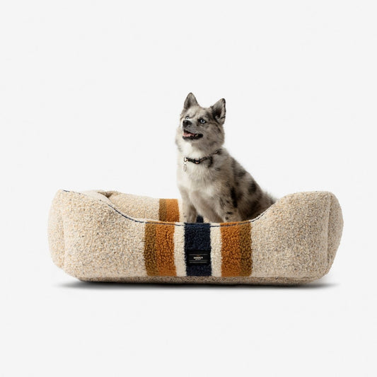 Shinola Brand Stripe Kuddle Berber Dog Bed – Oatmeal | Shearling Bolster Bed with Recycled MemoryFiber™ & Washable Cover