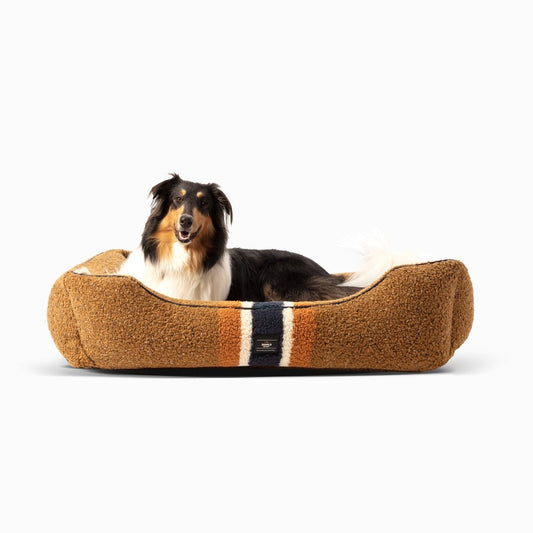 Shinola Brand Stripe Kuddle Berber Dog Bed – Rust | Shearling Bolster Bed with Recycled MemoryFiber™ & Washable Cover