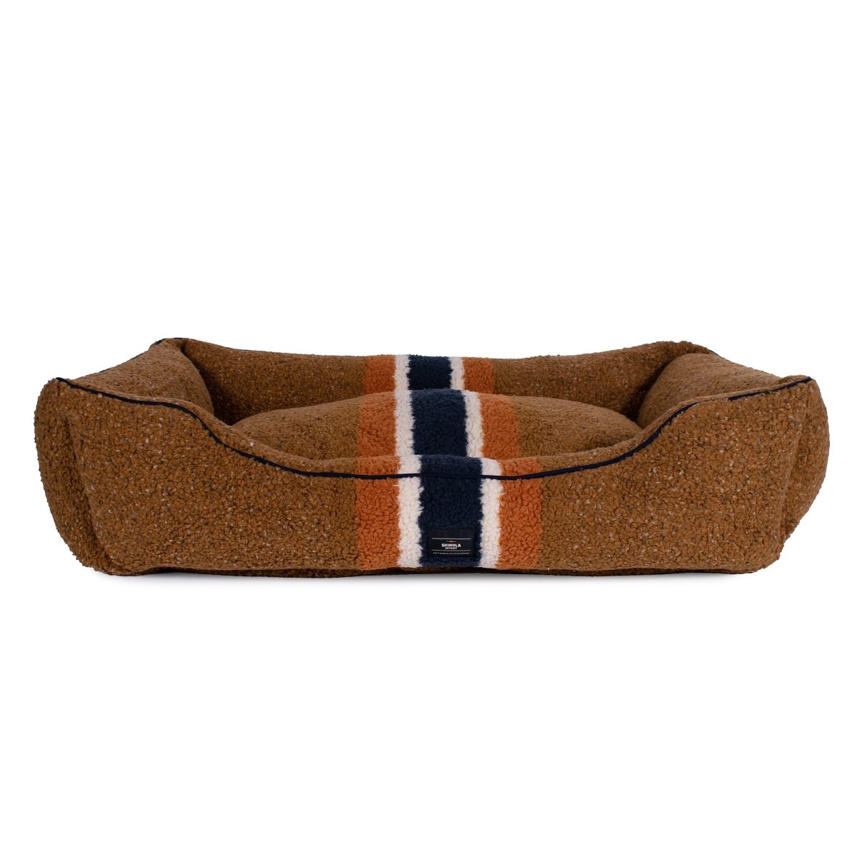 Shinola Brand Stripe Kuddle Berber Dog Bed – Rust | Shearling Bolster Bed with Recycled MemoryFiber™ & Washable Cover
