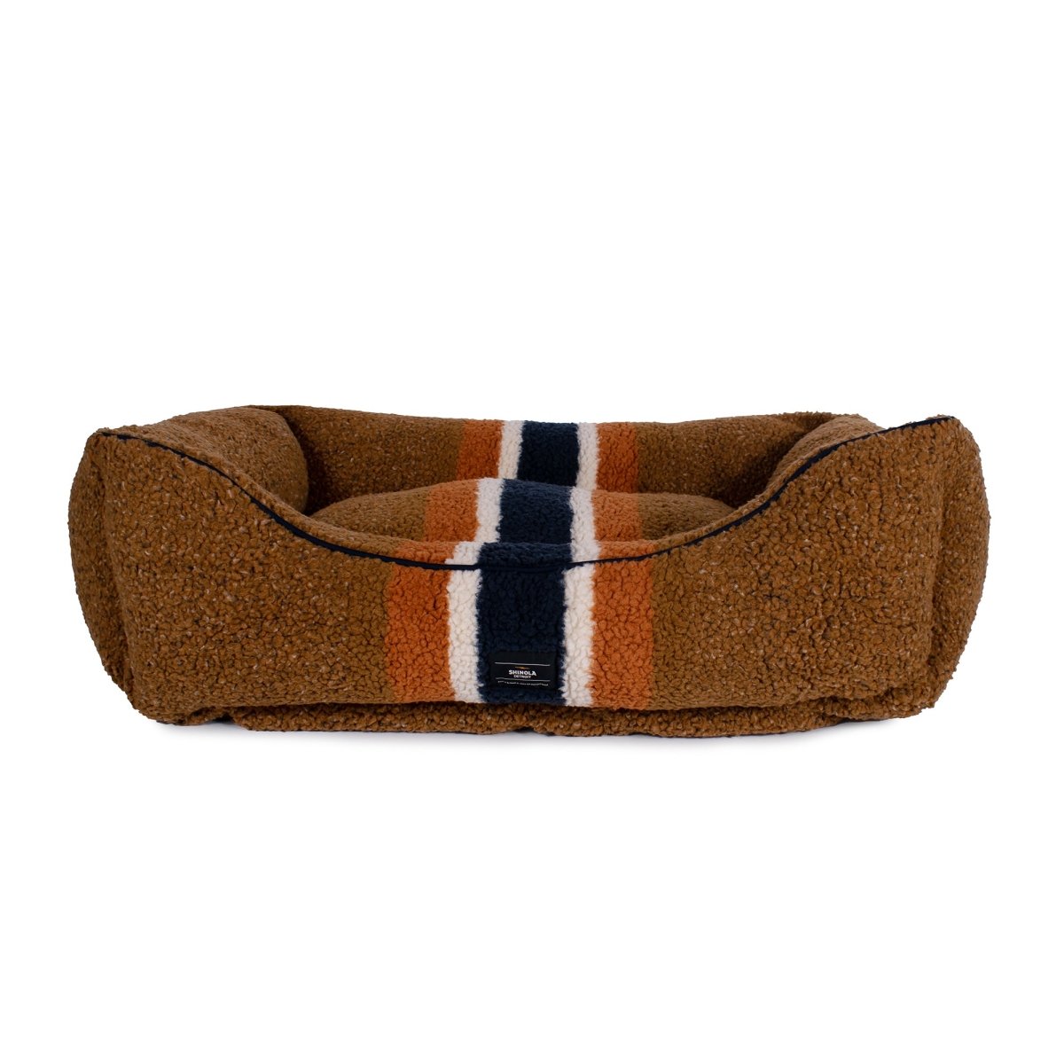 Shinola Brand Stripe Kuddle Berber Dog Bed – Rust | Shearling Bolster Bed with Recycled MemoryFiber™ & Washable Cover