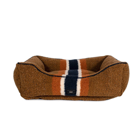 Shinola Brand Stripe Kuddle Berber Dog Bed – Rust | Shearling Bolster Bed with Recycled MemoryFiber™ & Washable Cover