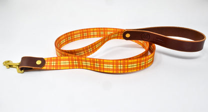 Whiskey Tartan Dog Leash – Handcrafted Leather & Brass (Fixed or Adjustable)