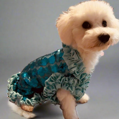 C’Mimi Designer Couture Shimmering Blue Dog Party Dress – Handmade aqua satin and sequin couture dress with rhinestone details, designed by Jan Ben. One-of-a-kind and made to order (6–8 weeks). Sizes XS–3XL, custom sizes available.