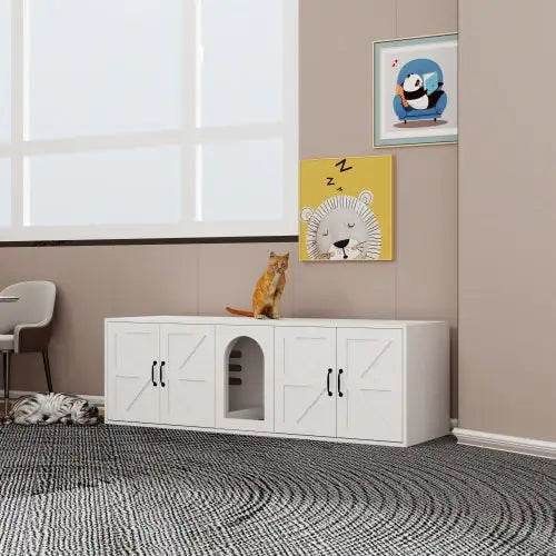 Modern Double-Room Cat Litter Box Furniture – Wooden Enclosed Litter Cabinet w/ Cat Door (White, 59")