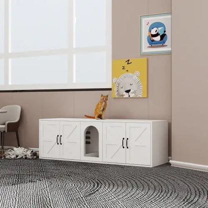 Modern Double-Room Cat Litter Box Furniture – Wooden Enclosed Litter Cabinet w/ Cat Door (White, 59")