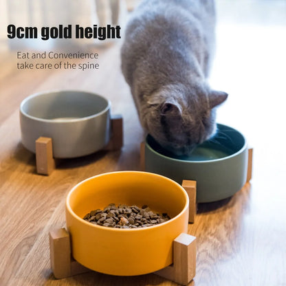 Ceramic Raised Cat Bowl with Wooden Stand | Elevated Ergonomic Dish for Better Posture & Digestion