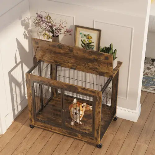 Rolling Rustic Brown Dog Crate Table – Furniture-Style Kennel with Double Doors & Wheels