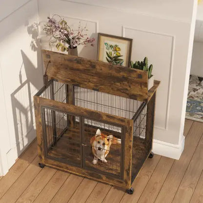 Rolling Rustic Brown Dog Crate Table – Furniture-Style Kennel with Double Doors & Wheels