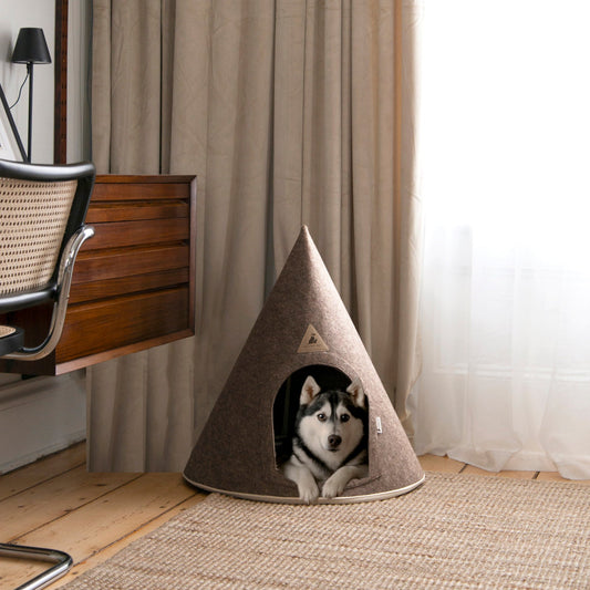 Nooee Pet Cave – Brown Modern Cone-Shaped Pet Bed with Machine-Washable Cushion, Collapsible Travel-Friendly Design, Available in 4 Sizes (Fits Pets Up to 55 lbs)