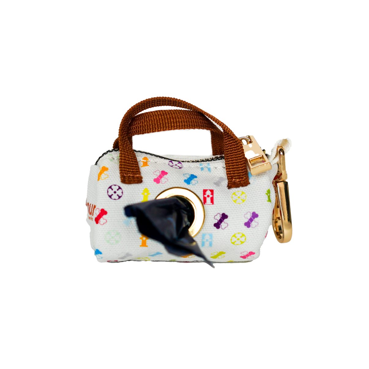 Bonejour Dog Poop Bag Dispenser – White Multi Recycled Canvas Holder, Compatible with Pooie Vuiton Eco-Waste Bags