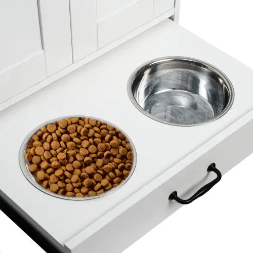 Pawfect Station Dual-Bowl Dog Feeder with Storage & Hooks – Elevated Pet Feeding Stand (White/Walnut)
